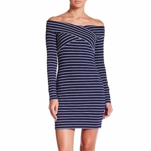 Navy Striped Crossover Off-the-shoulder Casual Dre